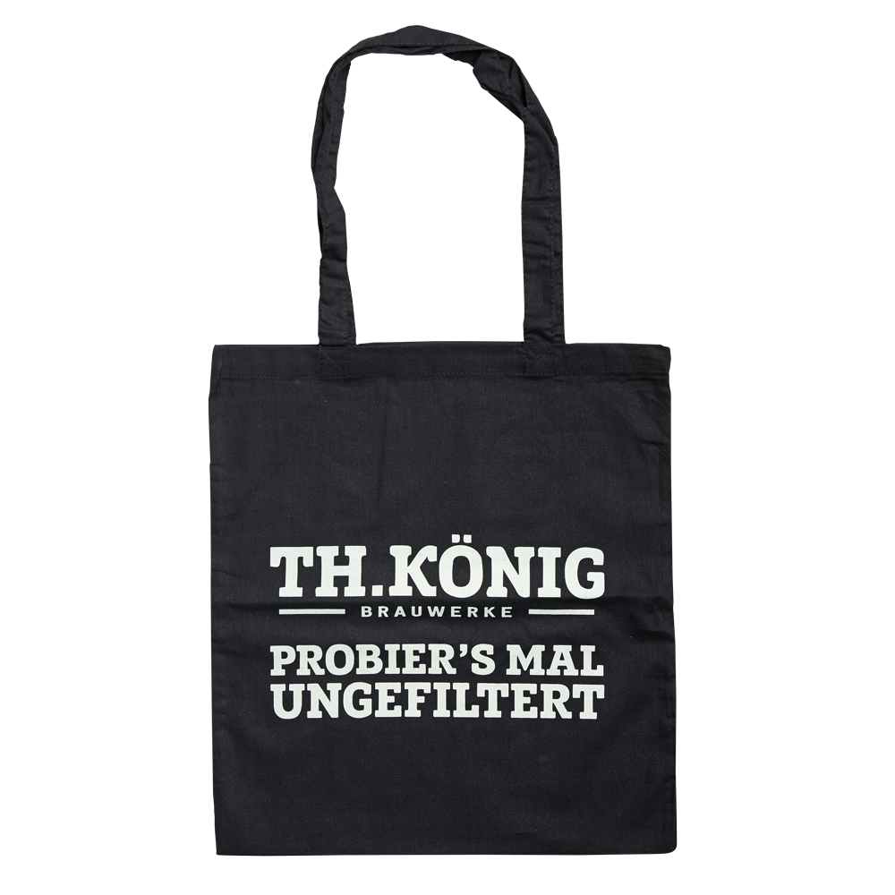 Schwarer Stoffbeutel aus Baumwolle mit weißem Th. König Logo und dem Schriftzug "Probier´s mal ungefiltert" in der Mitte.